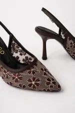 Muggo ARIS Lace Detail Pointed Toe Open Back Thin Heel Women's Dress Shoes