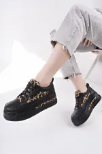 Muggo ZARİNA Kadın Kalın Taban Leopar Desenli Bağcıklı Günlük Sneaker Spor Ayakkabı