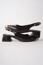 Muggo CHANCE Gold Pointed Toe Open Back Women's Low Heel Shoes with Toe Detail