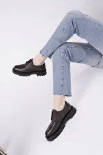 Muggo AMOUR  Bağcıklı Hakiki Deri Kalın Taban Günlük Casual Makosen Kadın Loafer Ayakkabı