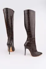 Muggo ZEST Crocodile Pattern Pointed Toe Zip-Up Thin Heel Women's Boots