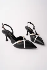 Muggo İCONS Sivri Burun Arkası Açık Kemer Detaylı İki Bantlı Kadın Topuklu Ayakkabı