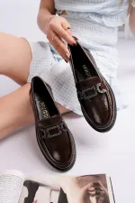 Muggo ARVEN Women's Casual Loafer Shoes with Metal Buckle and Stone Details