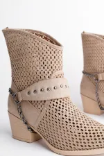 Muggo BURNİNG Garantili Kadın Lazer Kesim Zincir Detaylı Delikli Kovboy Yazlık Topuklu Festival Bot