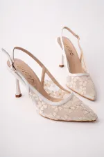 Muggo ARIS Lace Detail Pointed Toe Open Back Thin Heel Women's Dress Shoes