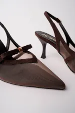 Muggo LOVER Women's Pointed Toe Open Back High Heel Shoes with Mesh Bow Detail