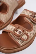 Muggo SARLE Çift Bantlı Ayarlanabilir Kemerli Kadın Günlük Hasır Terlik