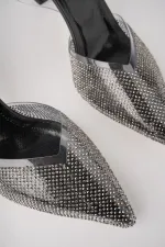 Muggo JULİET Garantili Kadın Sivri Burun Parlak Taşlı Arkası Açık Şeffaf Bantlı Topuklu Ayakkabı