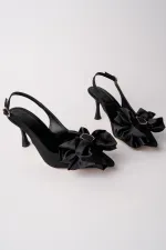 Muggo SISSY Satin Bow Buckle Pointed Toe Open Back Women's High Heels