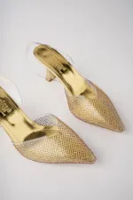 Muggo JULİET Garantili Kadın Sivri Burun Parlak Taşlı Arkası Açık Şeffaf Bantlı Topuklu Ayakkabı