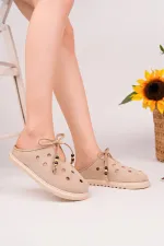Muggo SHAMMY Suede Leather Perforated Lace-up Casual Closed Toe Women's Slippers Muggo SHAMMY Suede Leather Perforated Lace-up Casual Closed Toe Women's Slippers