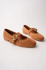 Muggo ZENA Gold Tokalı Zımbalı Deri Kadın Babet Ayakkabı