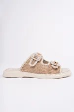 Muggo SARLE Çift Bantlı Ayarlanabilir Kemerli Kadın Günlük Hasır Terlik