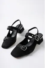 Muggo GİGİ Arkası Açık Küt Burun Çift Kemerli Kadın Günlük Klasik Kısa Topuklu Ayakkabı