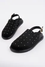 Muggo LİLOW Süet Deri Gold Zımbalı Ayarlanabilir Tokalı Günlük Rahat Önü Kapalı Kadın Sandalet