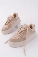 Muggo FLEECY Kalın Taban Bağcıklı Peluş Detaylı Kadın Kışlık Sneaker Spor Ayakkabı