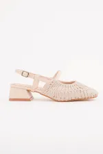 Muggo MESH Kadın Örgü ve File Detaylı Bantlı Arkası Açık Kısa Topuklu Ayakkabı