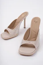 Muggo PUJA Küt Burun İnce Topuklu Taşlı Kadın Topuklu Terlik