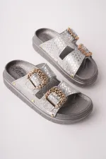 Muggo GLITZA Shiny Textured Double Buckle Casual Women's Slippers Muggo GLITZA Shiny Textured Double Buckle Casual Women's Slippers