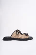 Muggo SARLE Çift Bantlı Ayarlanabilir Kemerli Kadın Günlük Hasır Terlik