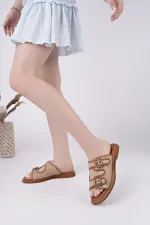 Muggo SARLE Çift Bantlı Ayarlanabilir Kemerli Kadın Günlük Hasır Terlik