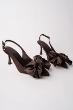 Muggo SISSY Satin Bow Buckle Pointed Toe Open Back Women's High Heels