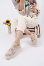 Muggo FLEECY Kalın Taban Bağcıklı Peluş Detaylı Kadın Kışlık Sneaker Spor Ayakkabı