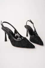 Muggo ARIS Lace Detail Pointed Toe Open Back Thin Heel Women's Dress Shoes