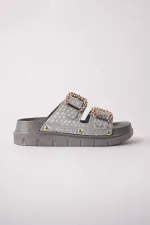 Muggo GLITZA Shiny Textured Double Buckle Casual Women's Slippers Muggo GLITZA Shiny Textured Double Buckle Casual Women's Slippers