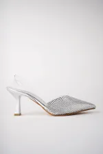 Muggo JULİET Garantili Kadın Sivri Burun Parlak Taşlı Arkası Açık Şeffaf Bantlı Topuklu Ayakkabı