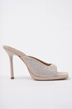 Muggo PUJA Küt Burun İnce Topuklu Taşlı Kadın Topuklu Terlik
