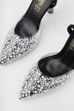 Muggo MARGARET Rhinestone Embellished Pointed Toe Open Back Elastic Women's Classic High Heel Shoes