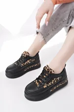 Muggo ZARİNA Kadın Kalın Taban Leopar Desenli Bağcıklı Günlük Sneaker Spor Ayakkabı