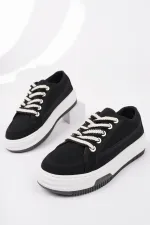 Muggo CARİNA Kalın Taban Keten Kumaş Bağcıklı Kadın Günlük Sneaker Spor Ayakkabı