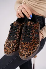 Muggo LEOPARD Garantili Kadın Ortopedik Günlük Bağcıklı Yürüyüş Leopar Desenli Sneaker Spor Ayakkabı