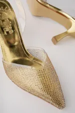 Muggo JULİET Garantili Kadın Sivri Burun Parlak Taşlı Arkası Açık Şeffaf Bantlı Topuklu Ayakkabı