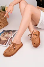 Muggo SHAMMY Suede Leather Perforated Lace-up Casual Closed Toe Women's Slippers Muggo SHAMMY Suede Leather Perforated Lace-up Casual Closed Toe Women's Slippers