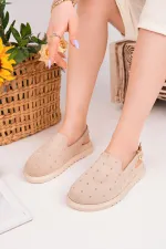 Muggo LİLOW Süet Deri Gold Zımbalı Ayarlanabilir Tokalı Günlük Rahat Önü Kapalı Kadın Sandalet