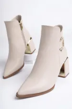 Muggo QADRA Guaranteed Pointed Toe Chunky Heel Women's Boot with Buckle Detail and Zipper