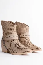 Muggo BURNİNG Garantili Kadın Lazer Kesim Zincir Detaylı Delikli Kovboy Yazlık Topuklu Festival Bot