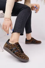 Muggo LEOPARD Garantili Kadın Ortopedik Günlük Bağcıklı Yürüyüş Leopar Desenli Sneaker Spor Ayakkabı