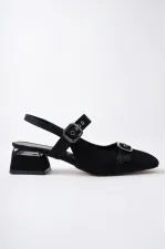 Muggo GİGİ Arkası Açık Küt Burun Çift Kemerli Kadın Günlük Klasik Kısa Topuklu Ayakkabı