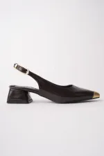 Muggo CHANCE Gold Pointed Toe Open Back Women's Low Heel Shoes with Toe Detail