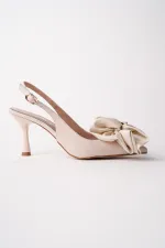 Muggo SISSY Satin Bow Buckle Pointed Toe Open Back Women's High Heels