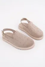 Muggo LİLOW Süet Deri Gold Zımbalı Ayarlanabilir Tokalı Günlük Rahat Önü Kapalı Kadın Sandalet