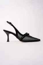 Muggo LOVER Women's Pointed Toe Open Back High Heel Shoes with Mesh Bow Detail