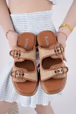 Muggo SARLE Çift Bantlı Ayarlanabilir Kemerli Kadın Günlük Hasır Terlik