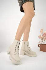 Muggo GRAZi Garantili Kalın Taban Platform Topuklu Fermuarlı Bağcıklı Kadın Bot