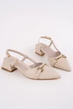 Muggo ELVİA Sivri Burun Arkası Açık Metal Aksesuarlı Kadın Kısa Topuklu Ayakkabı