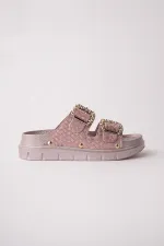 Muggo GLITZA Shiny Textured Double Buckle Casual Women's Slippers Muggo GLITZA Shiny Textured Double Buckle Casual Women's Slippers